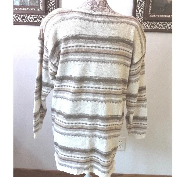 Vintage cottagecore LONG knit Women's Sweater 14 16 Beige Embellished grandmacor - Picture 10 of 14